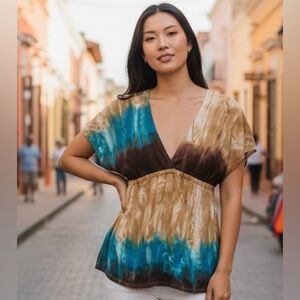 Lush tan, brown & teal tie dye babydoll style top.